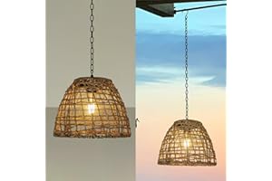 GUANSHAN Solar Powered Seagrass Weave Hanging Lamp, Solar Garden Pendant Light, Solar Ceiling Light Outdoor Woven Pendant Light, Outdoor Chandelier for Balcony, Garden