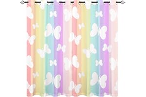 ‎YUANZU YUANZU Schmetterling Vorhänge Mädchen Regenbogen Streifen Ösen Gardinen mit Blickdichte Vorhang Kälteschutz Blackout Curtain Mädchenzimmer Schlafzimmer Verdunkelung Fenster, 2 Stück, H 114 x B 132 cm