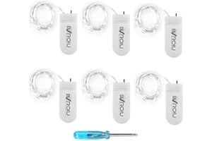 BXROIU Łańcuch świetlny LED na baterie CR2032, lampki dekoracyjne na srebrnym druciku, 2 m, 20 mikro diod LED, idealne na Boże Narodzenie, przyjęcia, wesela, dekoracje (6 sztuk zimna biel)