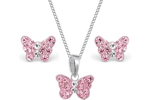 Goldene Hufeisen Mini pendentif papillon en cristal + chaîne + boucles d'oreilles en argent 925 véritable pour filles et enfants