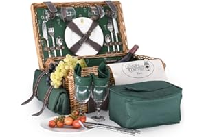 Les Jardins de la Comtesse - Panier Picnic Champs Elysées Vert en Osier - Sangles en Cuir - Complet 2 Personnes - Glacière/Nappe - Assiettes en Porcelaine et Verres à Vin en Verre - 48 x 34 x 21 cm