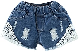 LaoZanA Pantalones Cortos para Niñas Vaqueros Pantalón Corto Encaje Mezclilla Pantalones Cortos Jeans Denim Shorts