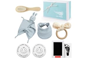 BIQIQI Cadeau bébé garçon et fille, cadeau nouveau-né 6 en 1, doudou, anneau de dentition et bavoir, cadeaux pour nouveau papa maman, pièce de décision, brosse, tampon encreur pour bébé