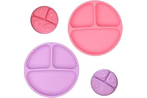 FUNNGY Piatto con Ventosa per Bambini,2 PCS Piatto con Ventosa per Bambini in Silicone Set di Alimentazione per Bambinis in Silicone Piatta Divisa Aspirazione Senza Slip Adatto a Seggioloni e Tavoli