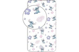 JERRY FABRICS Disney Lilo und Stitch prześcieradło z gumką, ścieg z kwiatami, 90 x 200 + 25 cm, 100% bawełna