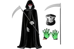 Aleshime Grim Reaper Costume Adult Kids Halloween Fancy Dress Costume, Halloween Black Hooded Robe with Accessories for Boys Mens Grim Reaper Cosplay