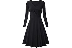 GENERISCH JIER Damen V-Ausschnitt Skaterkleid Langarm Elegant Etuikleid Kleid Baumwolle Kleider A-Linie Wickelkleid Vintage Knielang Abendkleid Rockabilly Kleider