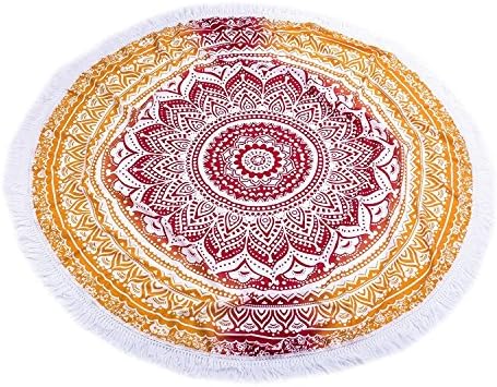 Mandala Round Beach Throw - Hippy Bohemian Tapestry , Beach Mat ,Tablecloth,Picnic Blanket, Round Yoga Mat ,Beach Round Shawl（Orange）