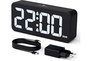 CHEREEKI Réveil Alimentation Secteur, Réveil Numérique avec Grand écran LED, Reveil Matin avec Double Alarme, Snooze, 10 Sonneries, 3 Programmes d'alarme, Luminosité et Volume Réglables, 12/24H