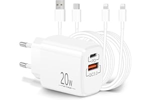 ARCCRA Zasilacz USB-C 20W i 2x Kabel Lightning 2m, Szybka Ładowarka iPhone i Kable, Wtyczka Typu-C 2-Portowa (PD/QC), Gniazdo Type-C, Kompatybilny z iPhone 14/13/12/Pro/Max/Plus/mini/11/SE/XS/XR/X/8