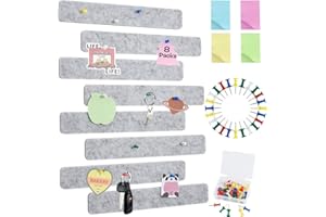 Vuzvuv 8Pcs Light Grey Cork Board Bar Strips with 50 Pushpins & Sticky Notes, Self-Adhesive Bulletin Board Strips No Damage for Wall, Felt Pin Board for Paste Notes, Photos, Schedules Office Decor