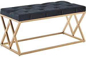 FineBuy Panchina da Interno 90x46x44 cm Velluto/Metallo Panchetta | Panca da Corridoio Ingresso Chesterfield Nera | Panche Imbottita Moderno