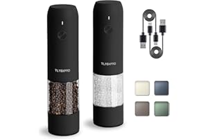 TLYSXPRO Electric Salt and Pepper Grinder Set, USB Rechargeable, Automatic Salt and Pepper Mill Grinder with Adjustable Coarseness, Electric Salt Shakers, LED Light, Refillable (2 Packs, Black)