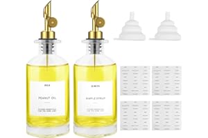 GEGNNS 2 Distributeur Huile d'Olive en verre de 350 ml avec bec verseur pour huile d'olive, Vinaigre et Plus Encore, Anti-fuite et Anti-goutte, Avec 40 étiquettes et Entonnoir, Bouteille Verre Huile