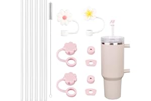 Giantzhong Stanley Cup Zubehör Set, Stanley Cup Accessories - 6 STK 31 cm Strohhalme für Stanley Cup 30/40oz, 6 Pink Auslaufsichere Silikonstopfen, 2 Strohhalm Abdeckung, 1 Reinigungsbürsten