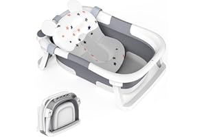 GOLDENOUGH Foldable Baby Bath tub,Collapsible Toddler Bathtub with Baths Support Cushion Pad Seat Mat,Baby Bathtub Newborn to Toddler 0-24 Months,Baby Essentials for Newborn Portable Travel Baby Bath Tub