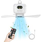Vulaop USB Fan with Light, Rechargeable Camping Fan with Remote Control and 8000mAh Battery, 3 Speed, Silent Hanging Fan for