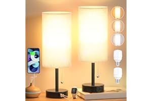 Seealle Bedside Lamps Set of 2 with 3 Color Modes USB C+A Charging Ports, Dimmable Table Bedroom Lamp with Pull Chain White Fabric Shade, USB Lamps for Living Room Bedroom Office(LED Bulbs Included)