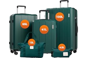 Vallsero Koffer Set, Gepäck Set, Trolleys, Reise Koffer 5tlg, ABS, TSA-Schloss, Enthält 1 Reisetasche und 1 Kulturbeutel, 4 Rollen, Aluminium-Teleskopgriff (Dunkelgrün)