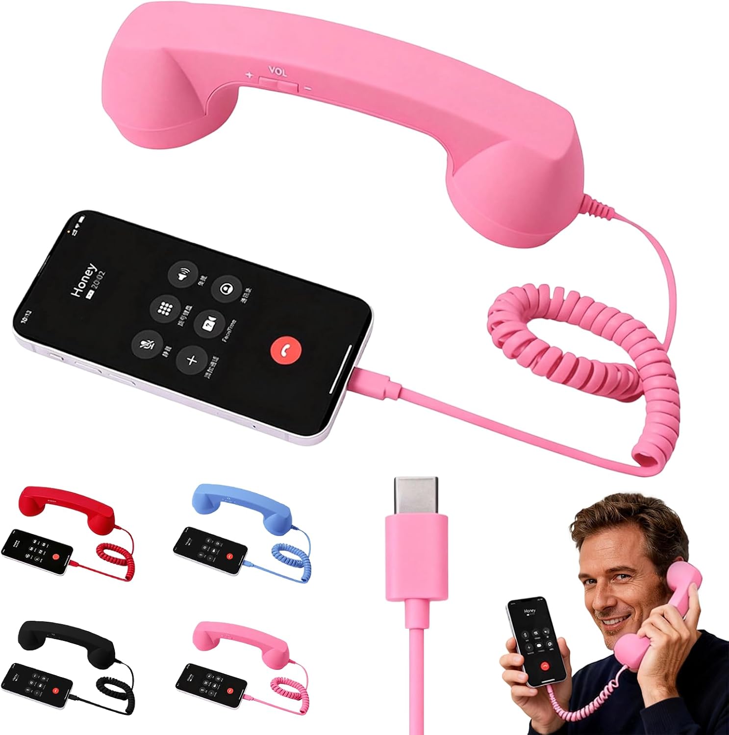 Retro Phone Handset for iPhone & Android, 2026 New Type-C Wired Receiver with Microphone & Speaker, Vintage Landline Style Handle for Noise Cancelling Calls, Meetings, and Home Office Desk Use (Pink)