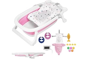 Sinbide Faltbare Babywanne mit Stütze, Baby Badewanne, Neugeborene Baby-Plastikbadewanne mit Faltbaren Anti-Rutsch-Beinen, Temperatursensor Badewanne für das Baden von Kleinkindern (rosa)