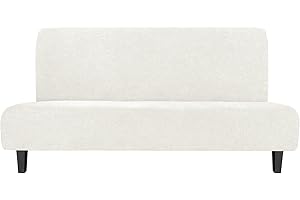 Easy-Going Stretch Futon Slipcover Armless Futon Bed Cover Furniture Protector Without Armrests with Elastic Bottom for Kids, Soft Jacquard Fabric Small Checks (Large, Cream)