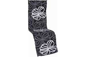 Beo Coussins de Chaise de Jardin Saumauflage pour chaises de séjour, ca. 175 x 48 x 6 cm, Noir avec des Fleurs Blanches