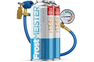 FrostMEISTER 3in1 – Auto-Klimaanlage Nachfüllset für R134a (1995–2016) – 2x 400 ml Dose & Schlauch mit Manometer – Ersatz für das Kältemittel, Öl & Dichtmittel – Schnelle & einfache Anwendung