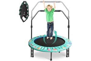 FORROBY Trampolina dla dzieci, Ø ok. 92 cm, mini trampolina fitness, składana, ze zdejmowanym i regulowanym uchwytem, bezpieczną wyściółką, do użytku wewnątrz i na zewnątrz, dla dzieci w wieku od 3 lat