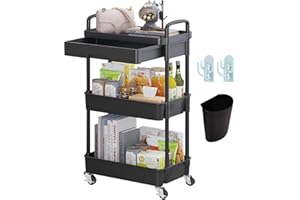 Wuciray 3 Schicht Regal mit Rollen Beistellwagen mit Rollen Rollregal Schwarz Putzwagen Friseurwagen Servierwagen Bastelwagen für Kinder Rollwagen Plastik mit Schubladen Aufbewahrungswagen