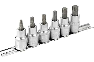 DAKCOS 1/2" Juego de 6 Llaves de Vaso para Torx Llaves de Vaso Estrella, T-Star T30 - T60, Kit de Vasos de Acero al Cromo Vanadio Broca de Acero de Aleación S2