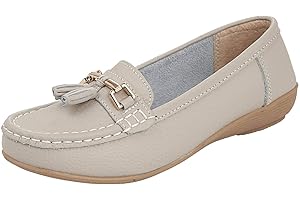 Jo & Joe Nautical Ladies Leather Loafer Shoes, Tassel Flat, Women's Size 7.5-8, Flexible Rubber Grip Sole, Round Toe, Pull-On, 1 inches Heel, Cold Lining, Solid, Low Top, Comfort Wear, Party