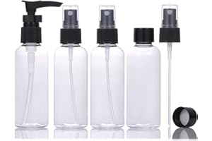 LUFEVRM 4 Stück Reiseflaschen Set,Verdicktes Plastik auslaufsichere,nachfüllbare,leere Sprüh/Pumpflaschen mit Deckel und transparenter Tragetasche,80ml Flaschen in Reisegröße für Shampoo,Parfüm