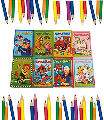 8x Ausmalblöckchen Lutz Mauder + 8x je 6 Partynelly Buntstifte | Jungen + Mädchen gemischt | Prinzessin | Feuerwehr | Pferd | Einhorn | Pirat | Tiere | Fussball | Polizei