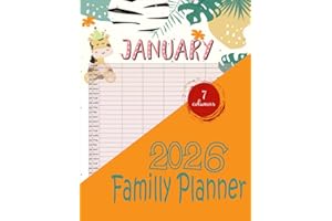 Family Calendar 2026 7 columns: Family Organiser Planner 2026 for Mom (12-months, January - December 2026), -12- , Plan Your Life with Savana Animals Designed Organiser