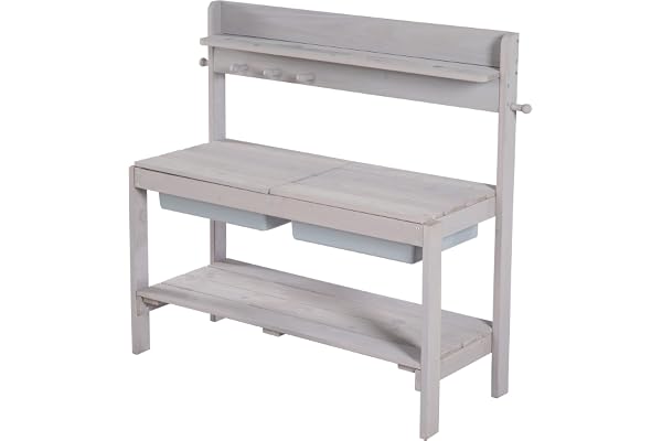 roba Cuisine Sable et Eau en Bois Massif Fun + 2 Bacs en Plastique et 2 Couvercles Amovibles - de 18 Mois à 8 Ans - Table Boue pour Jeux d'Extérieur - Lasuré Gris