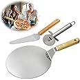 Pizza Cutter + Pizza Peel + Pizza Shovel Pizza Server, TedGem 3 in 1 Pizza Paddle with Wooden Handle 430 Stainless Steel for 