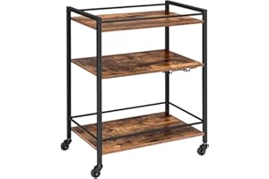 FEFE 3 Tier Rolling Industrial Design Rustic Look Wooden Kitchen Food Serving Cart Trolley With Wheels & Glass Hooks