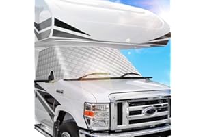 BougeRV RV Windshield Window Snow Cover for Class C Ford E450 1997-2024 Motorhome, Windshield Cover for Ice and Snow RV Front Window Sunshade Cover RV Accessories 4 Layers with Mirror Cutouts Silver