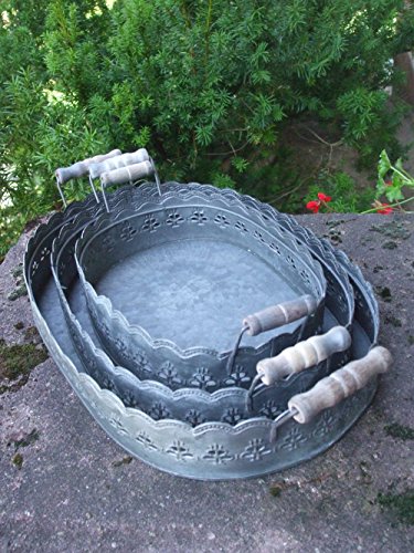 Dekoratives Tablett-Set, 3 Stück, Zink, Holzgriffe, verziert, Landhaus - 3