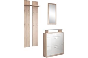 MB Muebles Bonitos, Set Scarpiera Ingresso Paola, con Specchio e Attaccapanni, LED, Melamina, Sonoma e Bianco