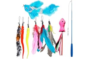 DIWUJI Interaktives Einziehbarer Katzenspielzeug, Zauberstab mit Teaserstab, 8 Katzenangel Ersatzfedern mit Anhänger Feder Glocke Befestigungen Wurmkatzen Blauer Fliegender Fisch für Kätzchen