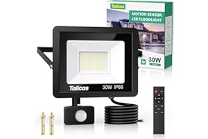 Tailcas 30W Faretto LED da Esterno con Sensore di Movimento, IP66 Impermeabile Faretti LED da Esterno con Telecomando, 2700LM Luci Faretto LED Interno ed Esterno per Giardino, Cortile, Garage