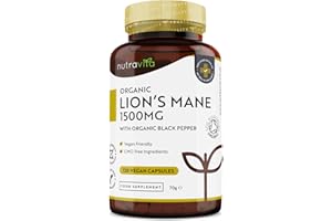 Organic Lions Mane Mushroom 1500mg - 120 High Strength Vegan Capsules (Not Powder) - Lions Mane Supplement with Organic Black Pepper - Made in The UK by Nutravita
