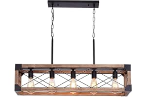 Airposta Kitchen Island Lighting, 33.5-Inch 5 Lights Farmhouse Linear Chandelier for Dining Room Pool Table Pendant Light Fixture, Rustic Wood Grain Finish, Industrial Pendant Light