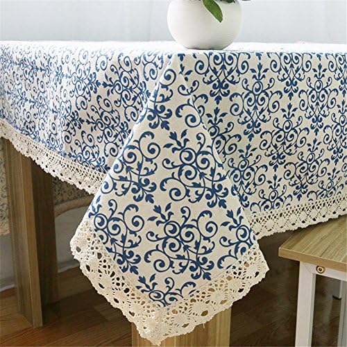 Vintage blue and white porcelain Chinese classic cotton linen tablecloth 55 x 86 inch