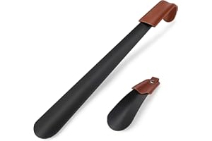 ChuerTech Shoe Horn Long Handled, 42CM+16CM Shoe Helper with Leather, Black Metal Shoe Horn Kids, Stainless Steel Lazy Shoe Horn Small Wear Shoe Helper for Travel Men, Women, Kids, Seniors