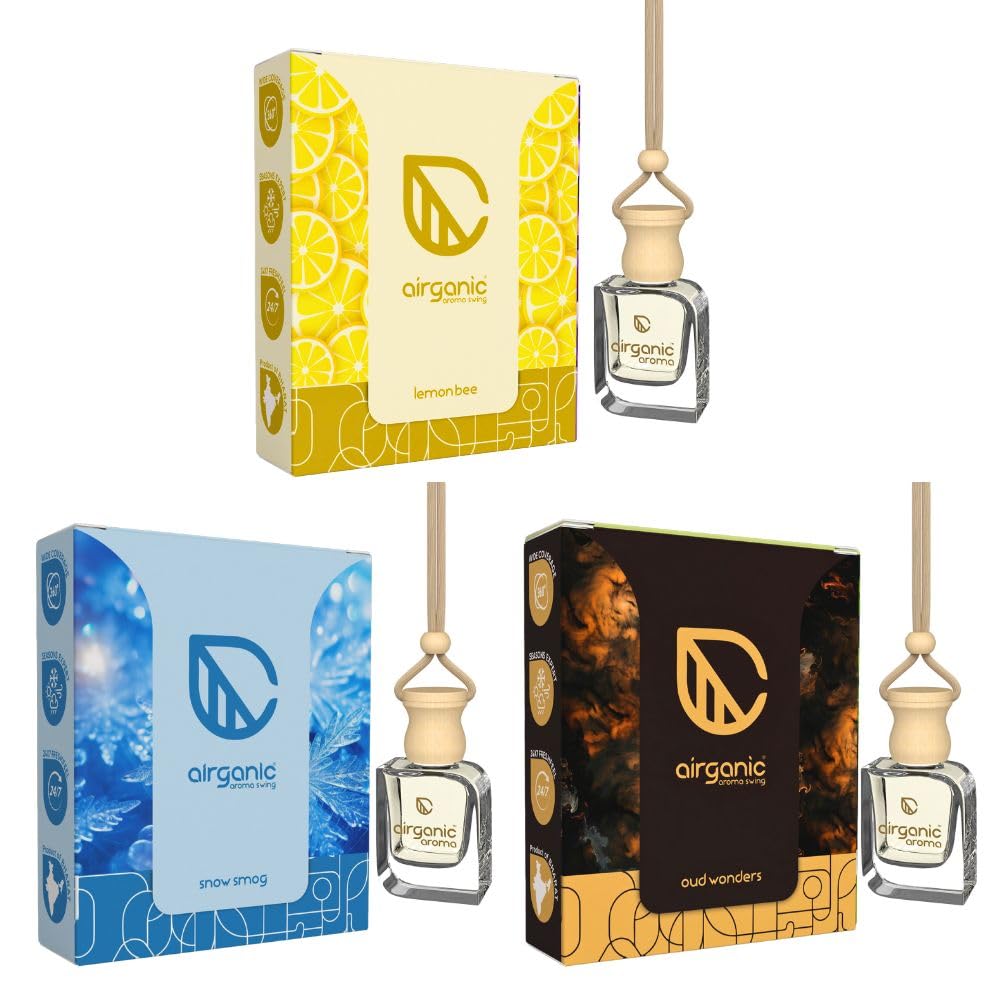 AIRGANIC Aroma Swing Combo Offer: Lemon Bee, Oud wonder & Snow Smog | Aroma with Essential Oils in Glass Bottle with Wooden D