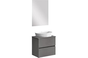 Baikal Baño Onyx, 2 cajones, suspendido en Pared, con Lavabo cerámico. Mueble Montado, Melamina 16,Mueble F39 + Top + Lavabo + Espejo 60 cm Ceniza