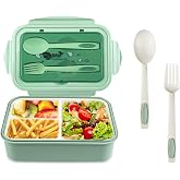 Newpop Lunch Box with 3 Compartments and Spoon Fork, 1400 ml, Green | Lunch Box BPA Free Leakproof Bento Box for Microwave an